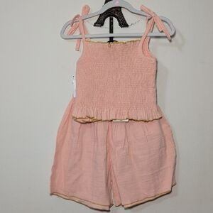 Fin & Vince Smocked Cropped Blouse + Culottes Peach Cotton NEW Girls Size 6/7